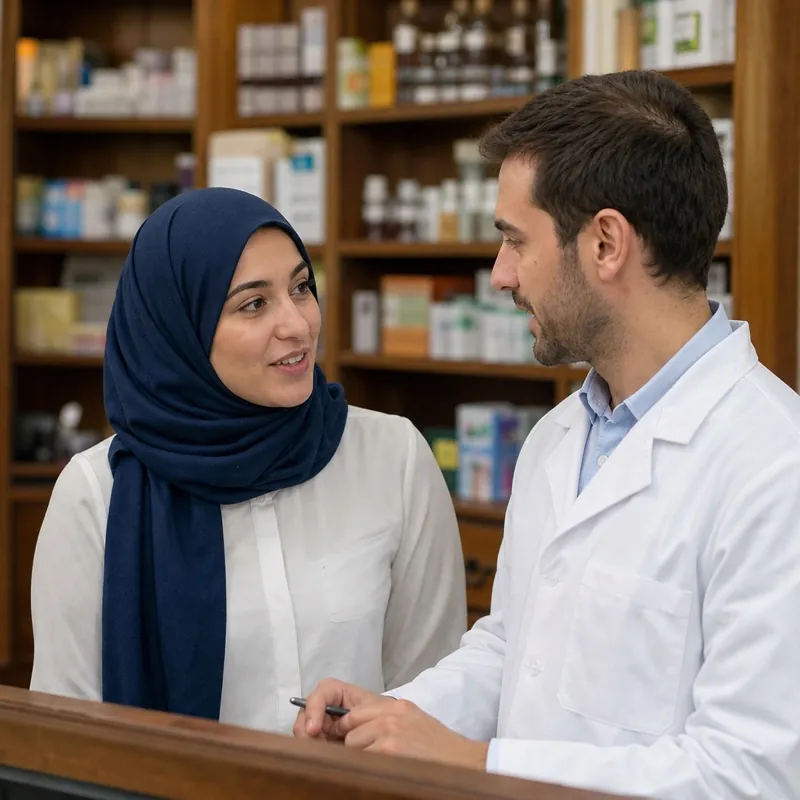 Deux professionnels de la pharmacie échangent