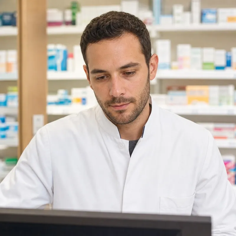 Un pharmacien au travail dans son officine