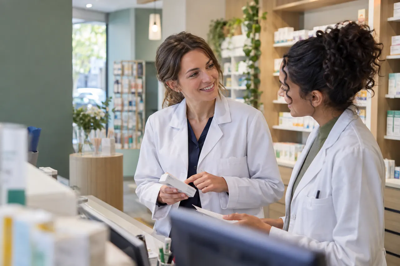 Deux professionnelles de la pharmacie échangent dans une officine